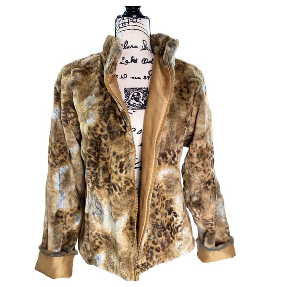 Boutique - Reversible Shantung Taffeta Brilliant Gold Ultra-Soft Faux Fur Coat M - Picture 4 of 16